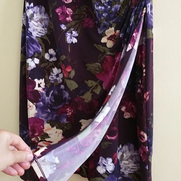 Lauren Ralph Lauren Sheath Dress 14 Purple Floral V Neck Stretch Faux Wrap Midi - Picture 5 of 7